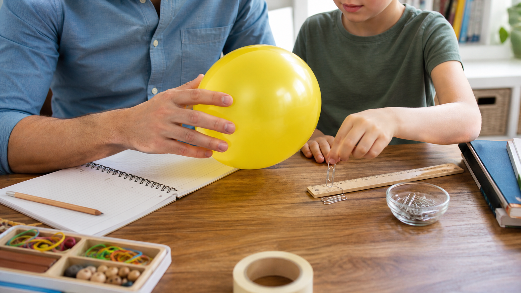 Adult și copil care pregătesc un experiment simplu cu balon și agrafe