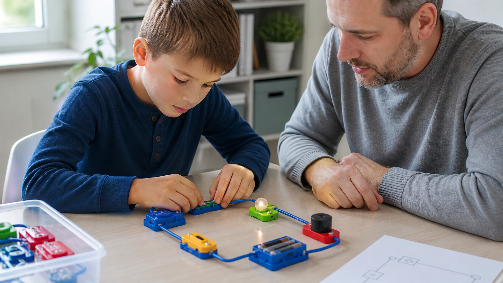 Copil care construiește un circuit electric modular sub supravegherea unui adult