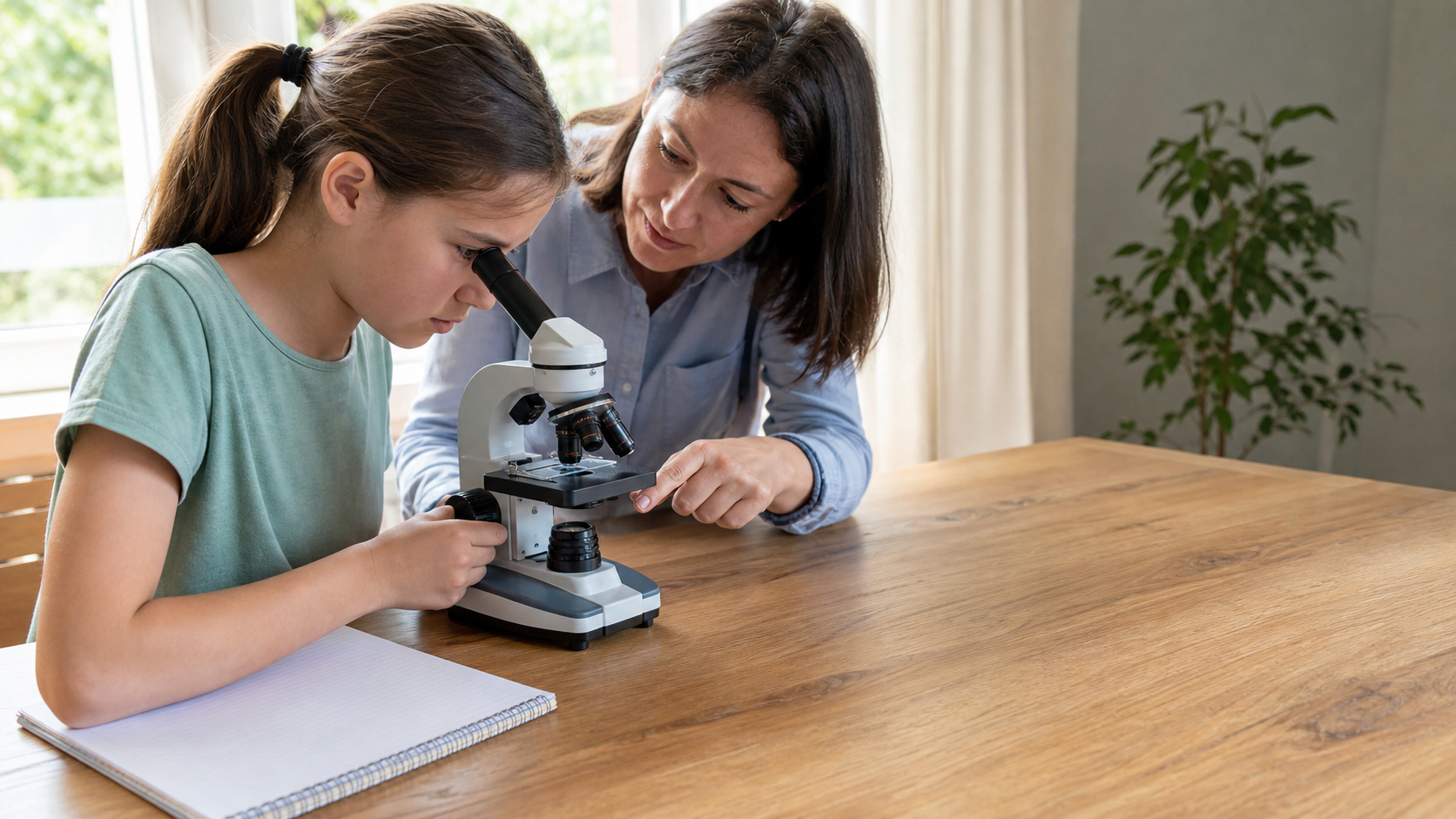 Copil și adult care focalizează un microscop educativ generic pe o masă luminoasă