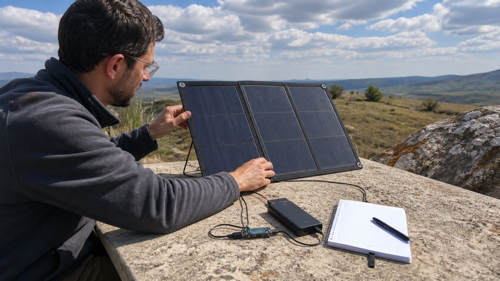 Cercetător care măsoară ieșirea unui panou solar portabil generic