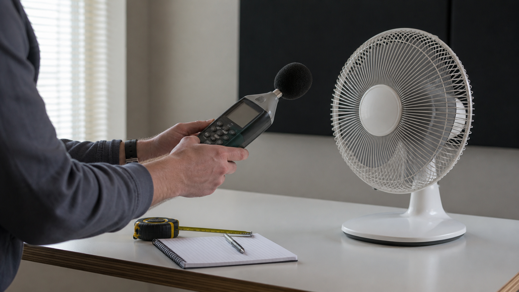 Cercetător care măsoară sunetul unui ventilator cu un sonometru generic, într-o poziție controlată